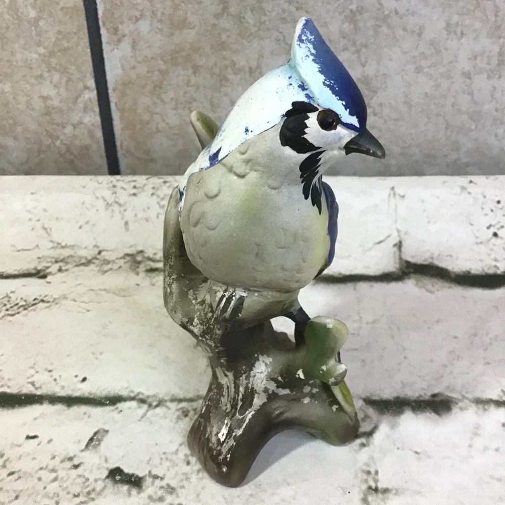 Ceramic Blue Jay Figurine On‎ Tree Branch Collectible Home Decor